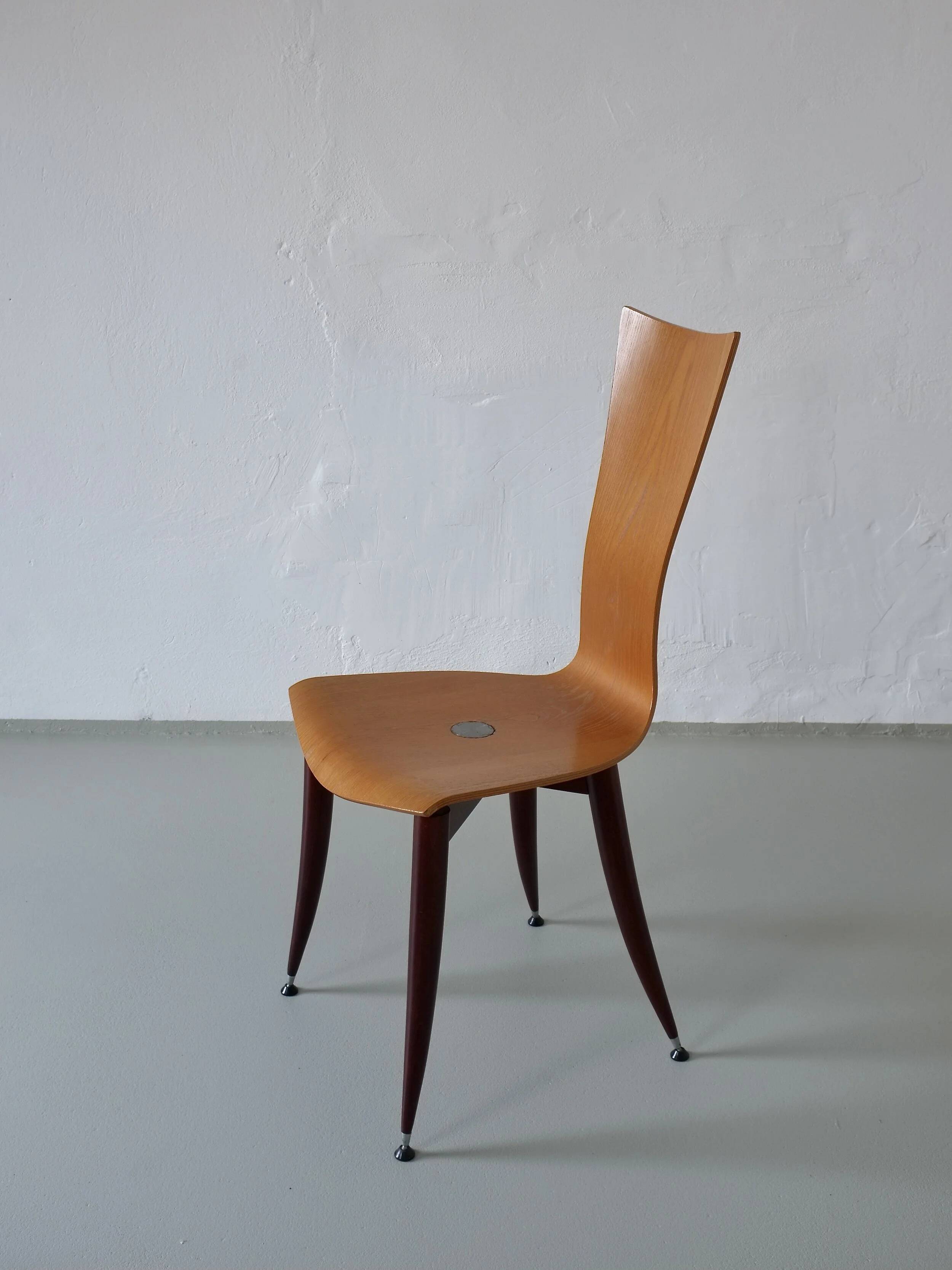 3 plywood chairs with burgundy legs | Italy | 1980s