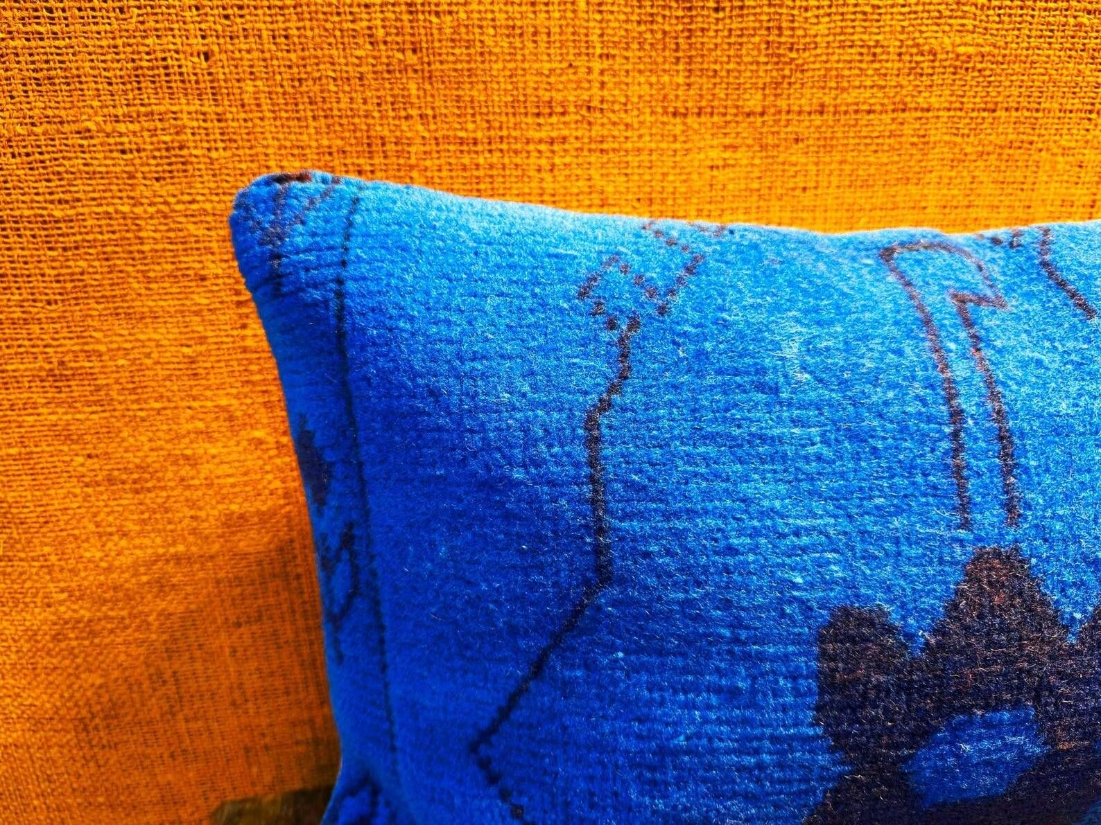 Vintage Wool Lumbar Pillow, Geometric Tribal Navy Cushion 12x20