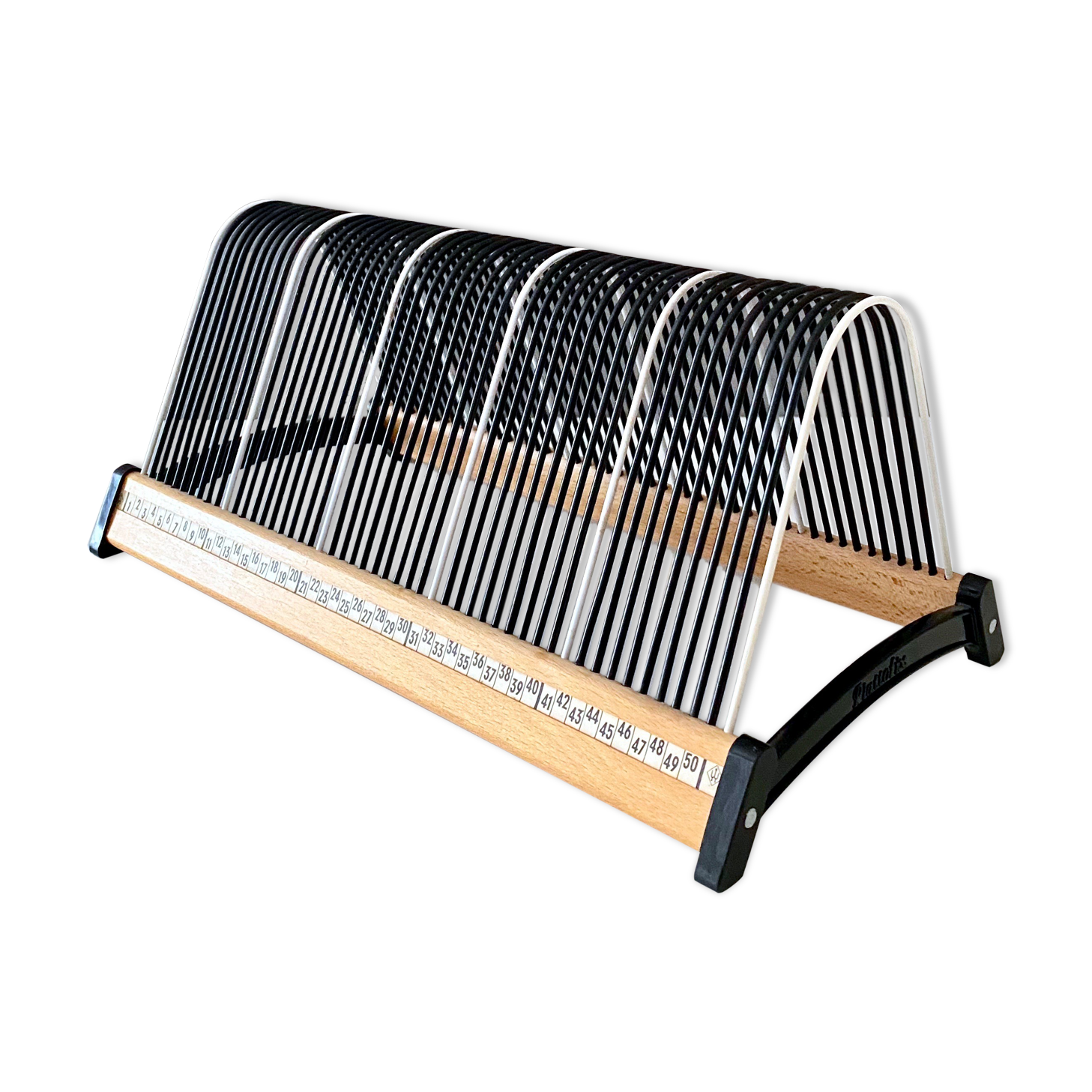 Vintage record stand, vinyl record holder, Plattofix Germany, black white, 50 records