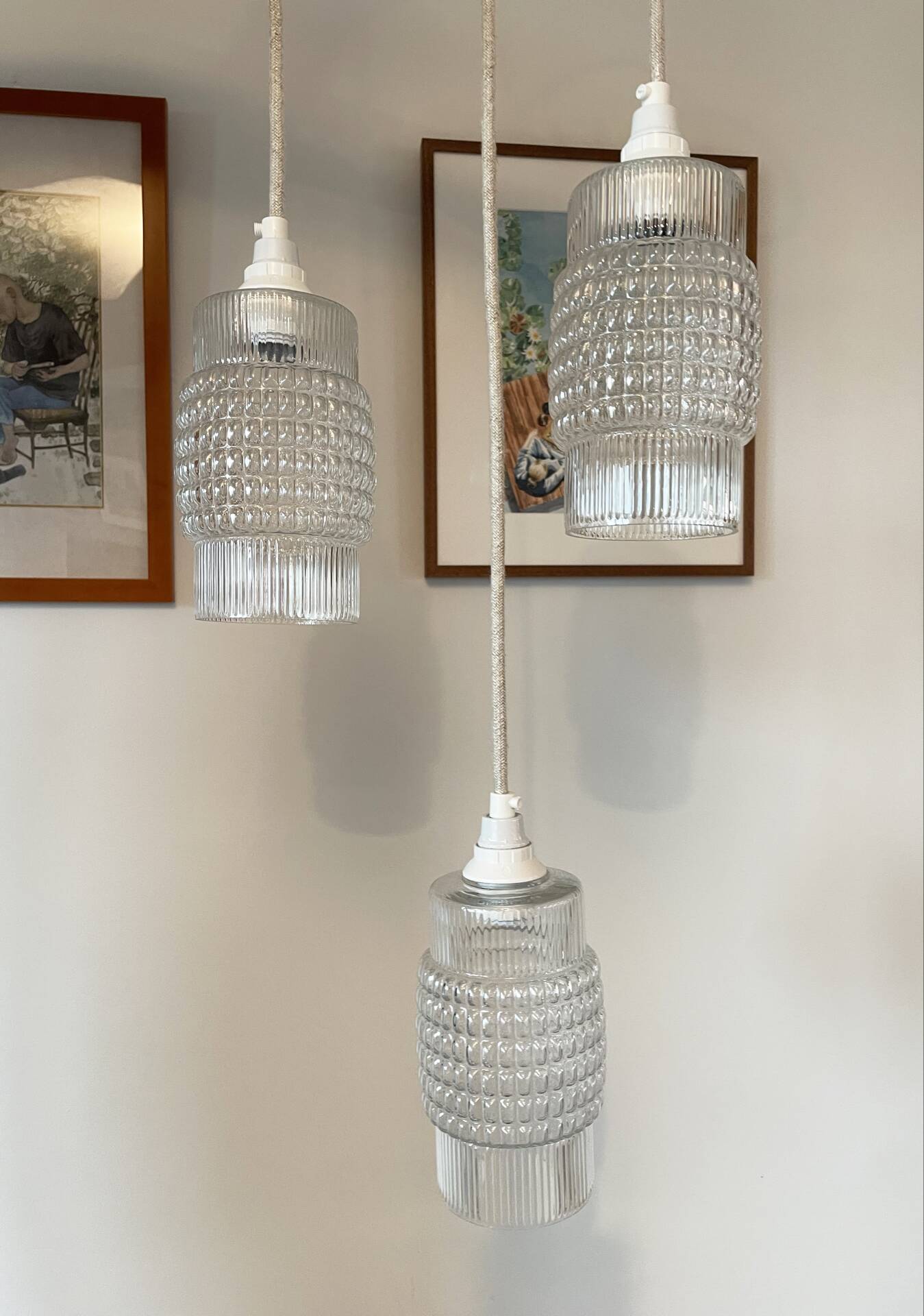 Set of 3 Refurbished Textured Glass Pendant Lights 1970s – Mid-Century