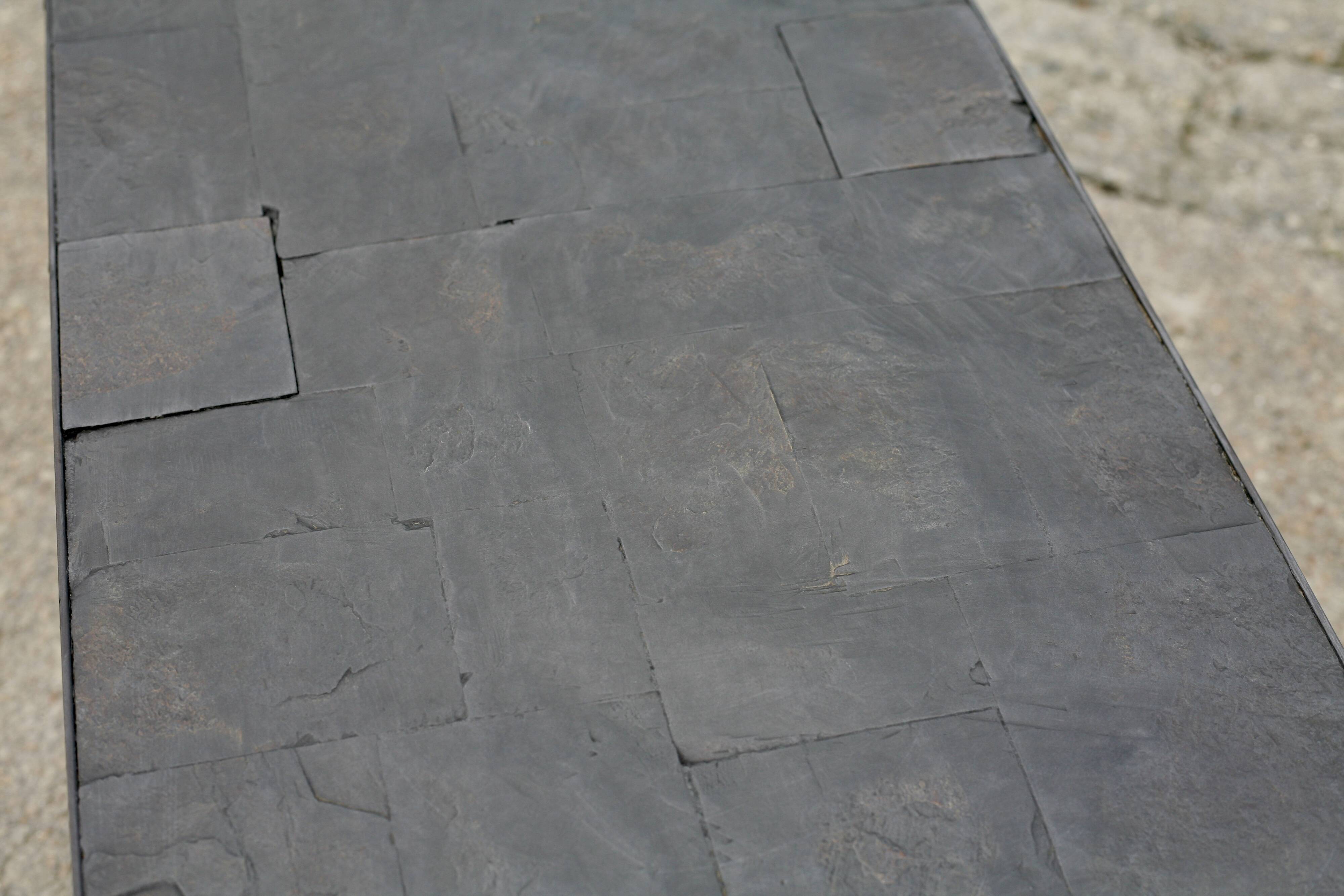 Brutalist coffee table, slate top and steel base, France, 1960s