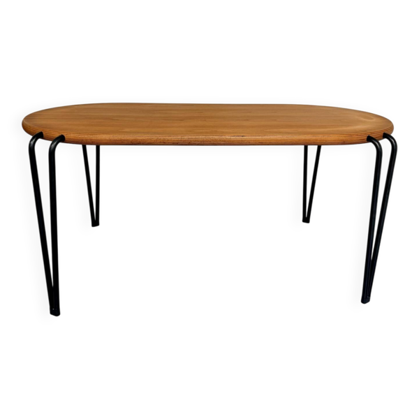 Table de repas bois massif pied tubulaire design des an 80 postmoderne