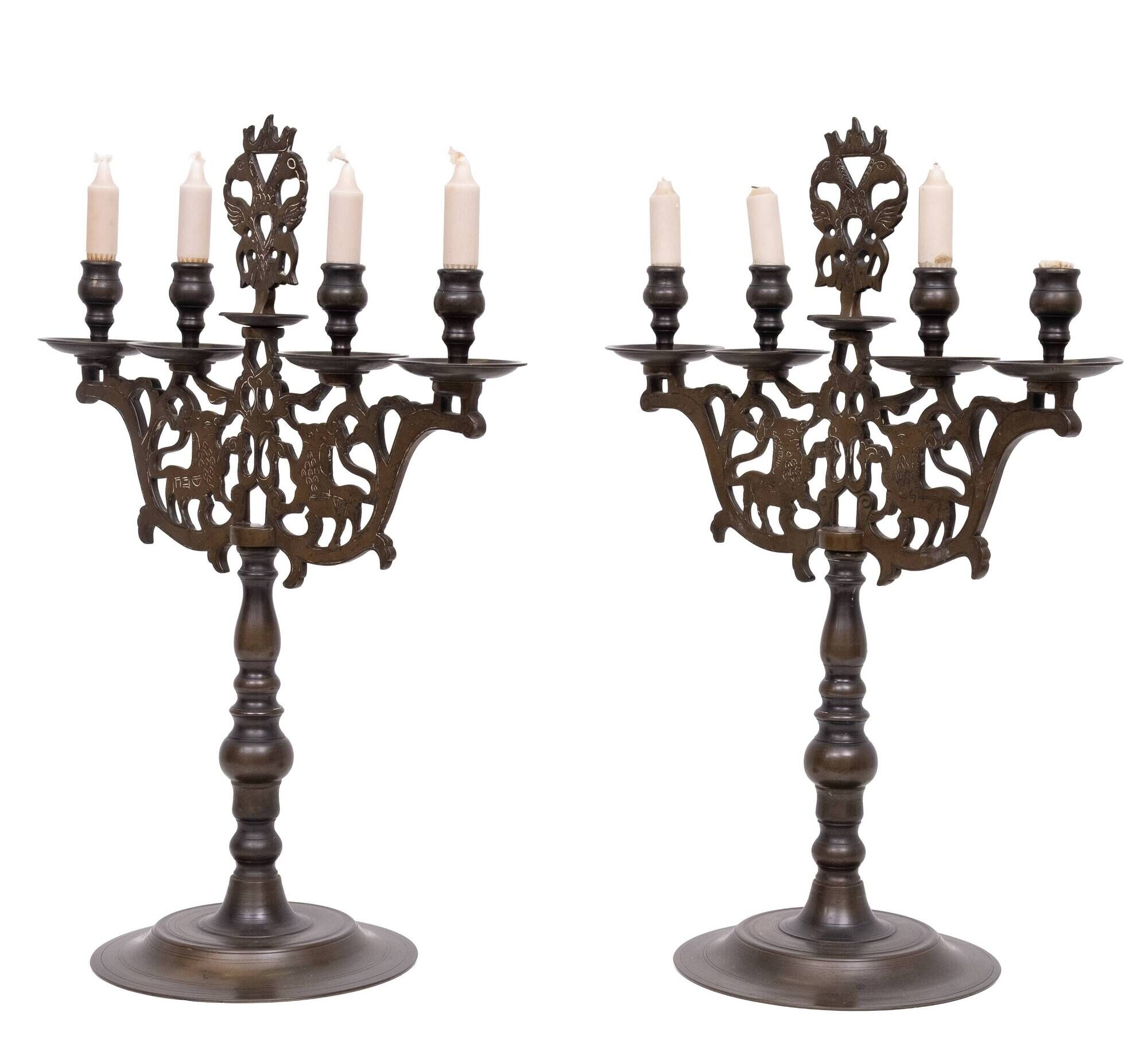 Pair Large Antique Bronze Shabbat Candelabra Germany