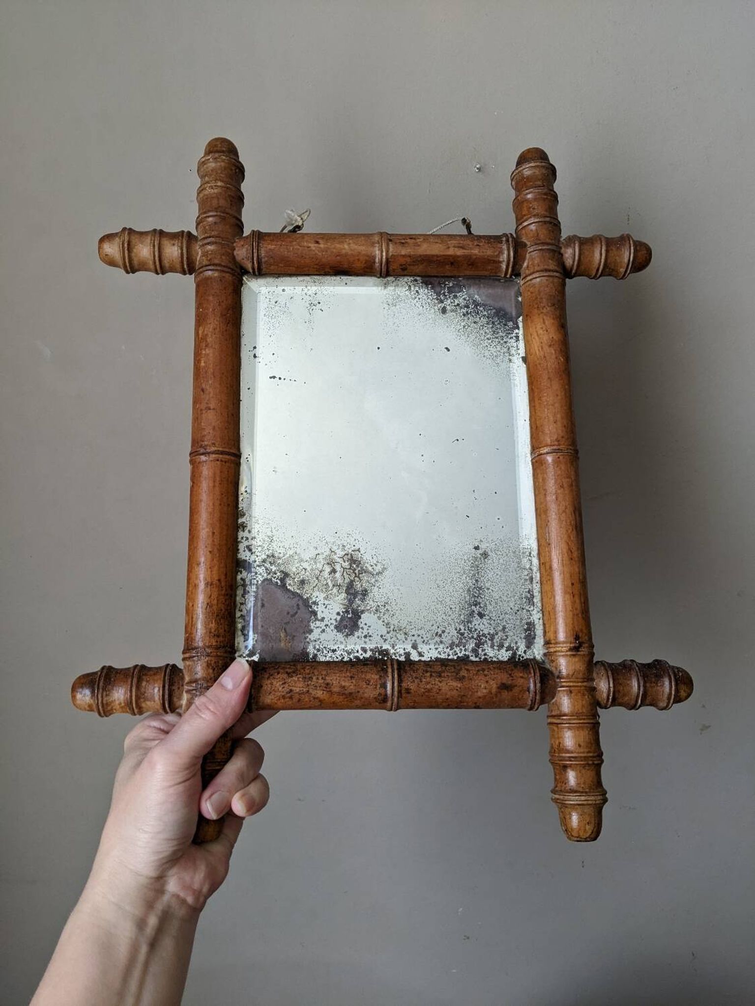 Wooden mirror in bamboo style, 1950s country decor.