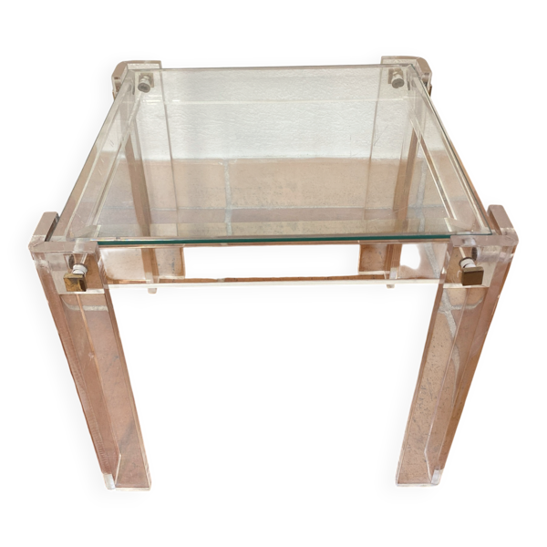 Table basse, bout de canapé en plexiglas et plateau en verre