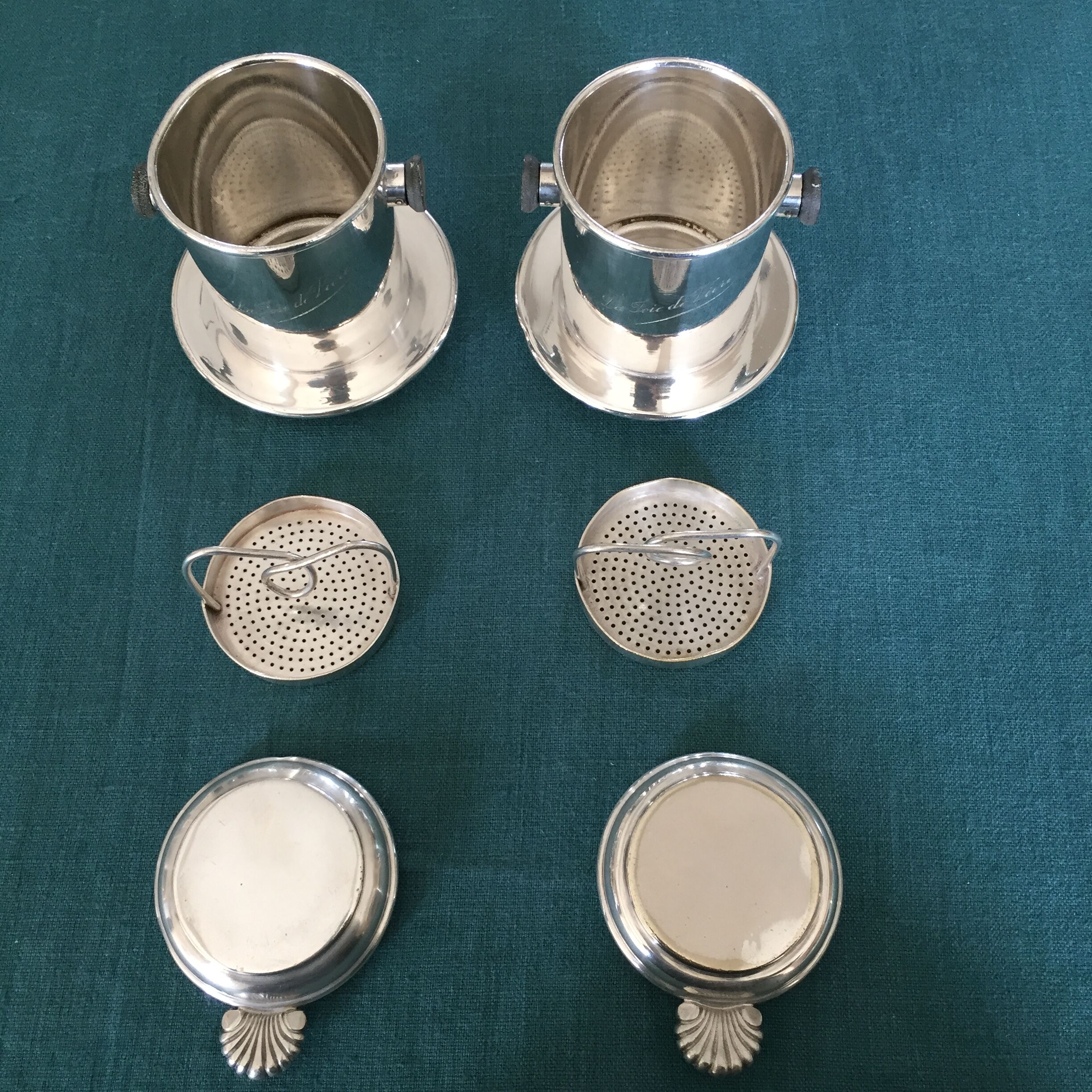 Duo of old coffee filters in silver metal Félix Frères