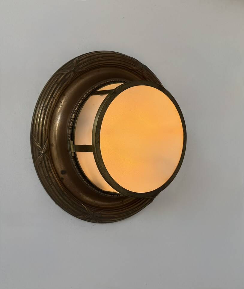 Vintage XL wall light, brass, copper and frosted glass, France, 1930.
