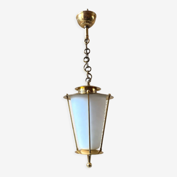 Suspension lanterne laiton & opaline vintage années 60