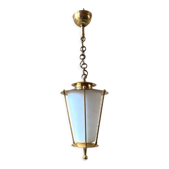 Suspension lanterne laiton & opaline vintage années 60