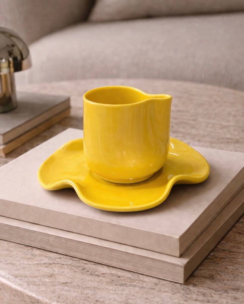 Set of wavy ceramic cup and saucer - lemon yellow