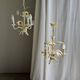 Small vintage cream metal flower chandelier with orange flowers and 3 arms.