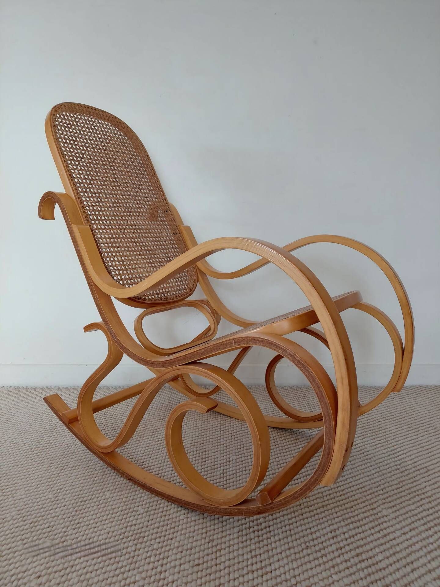 Vintage Curved Wood and Cane Rocking Chair - Thonet Style No. 1