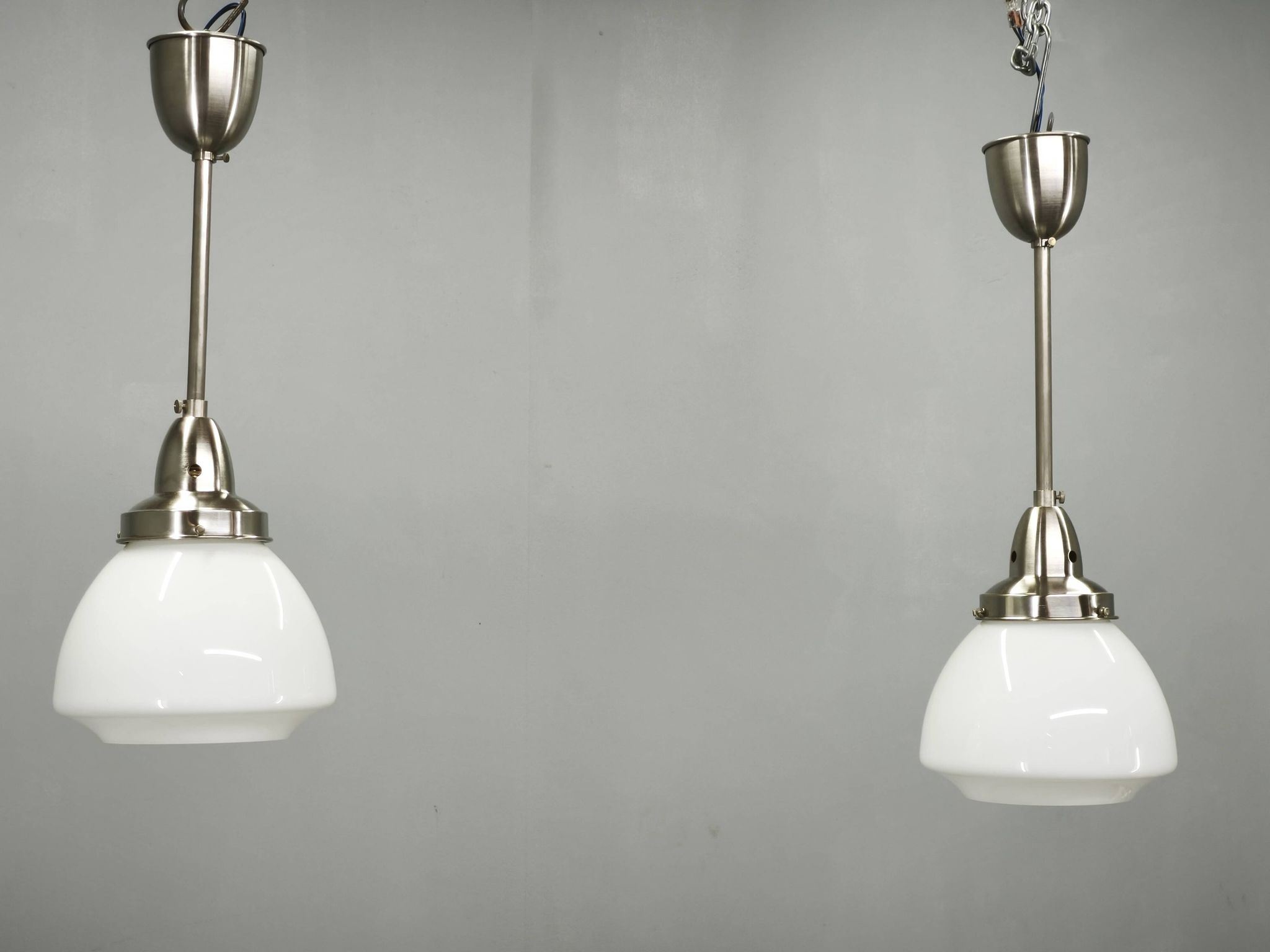 Pair of 1930s Czech Art Deco Opaline Glass and Chrome Pendant Lights
