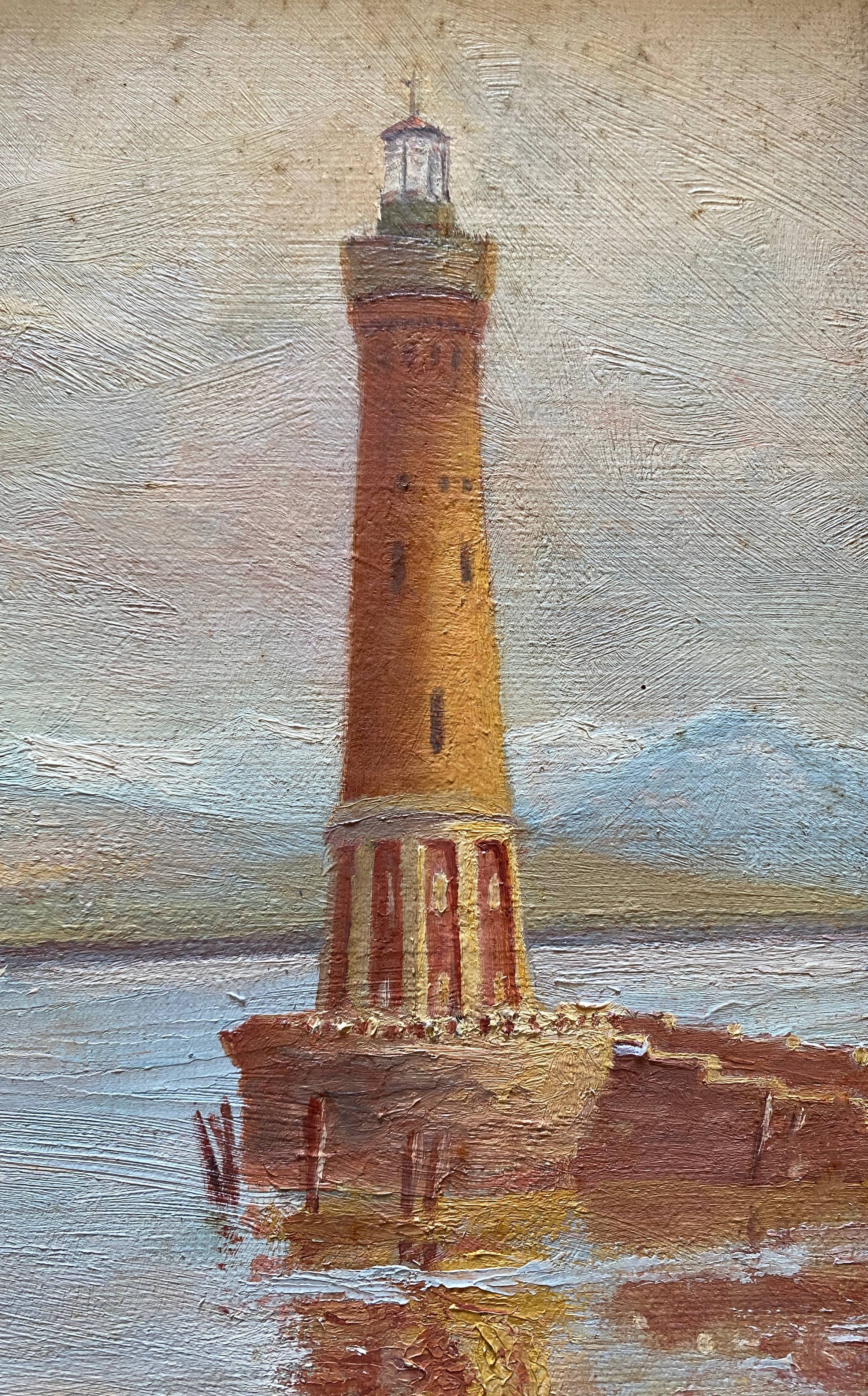 HST XIX° painting "Marine with lighthouse and boats" Italian Orientalist style + frame