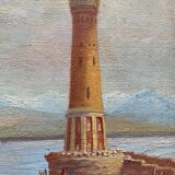 HST XIX° painting "Marine with lighthouse and boats" Italian Orientalist style + frame