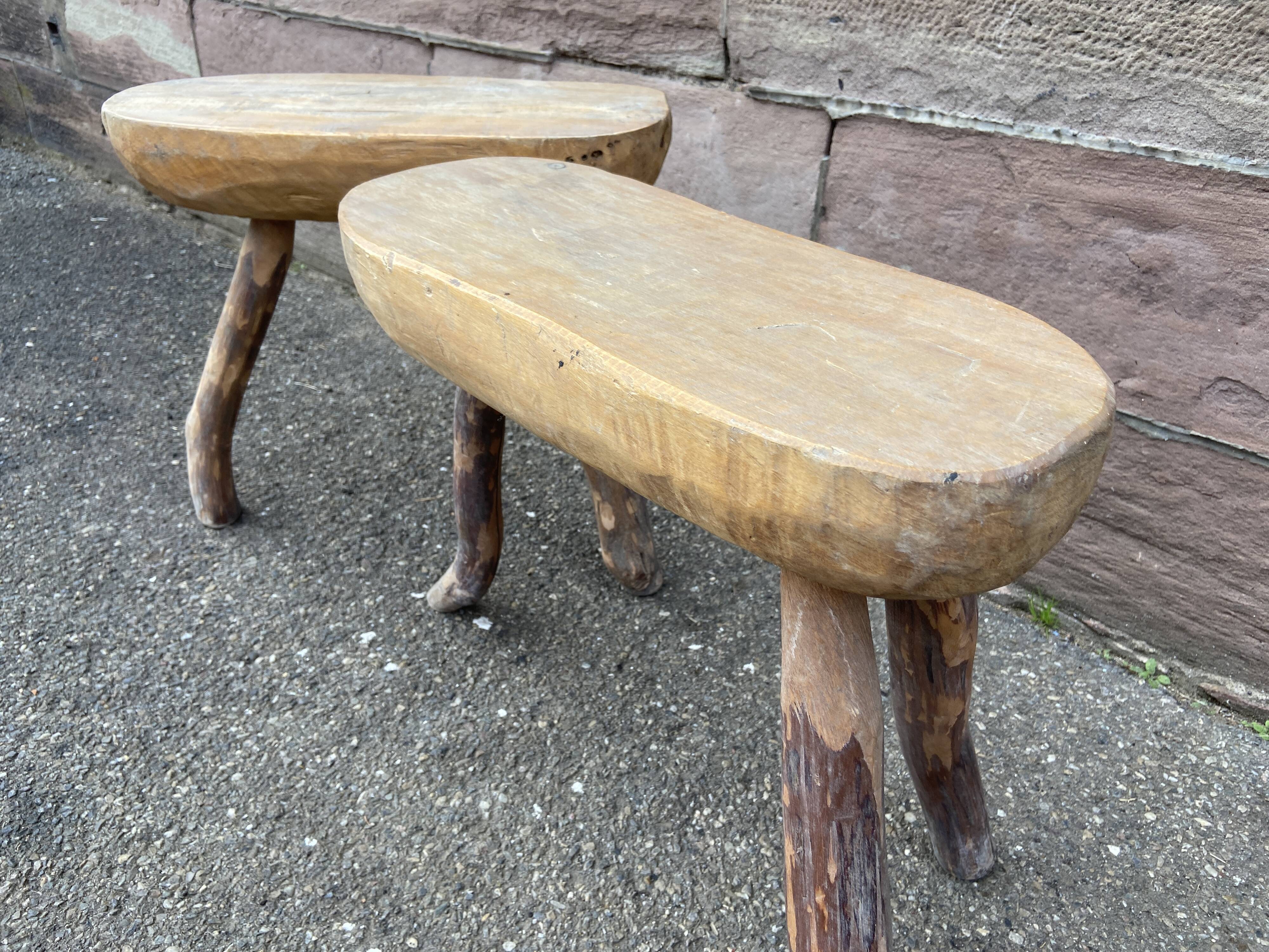 Pair of rustic 1940 brutalist wooden tripod farm stools vintage