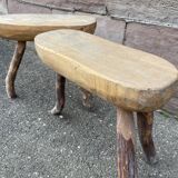 Pair of rustic 1940 brutalist wooden tripod farm stools vintage