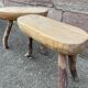 Pair of rustic 1940 brutalist wooden tripod farm stools vintage
