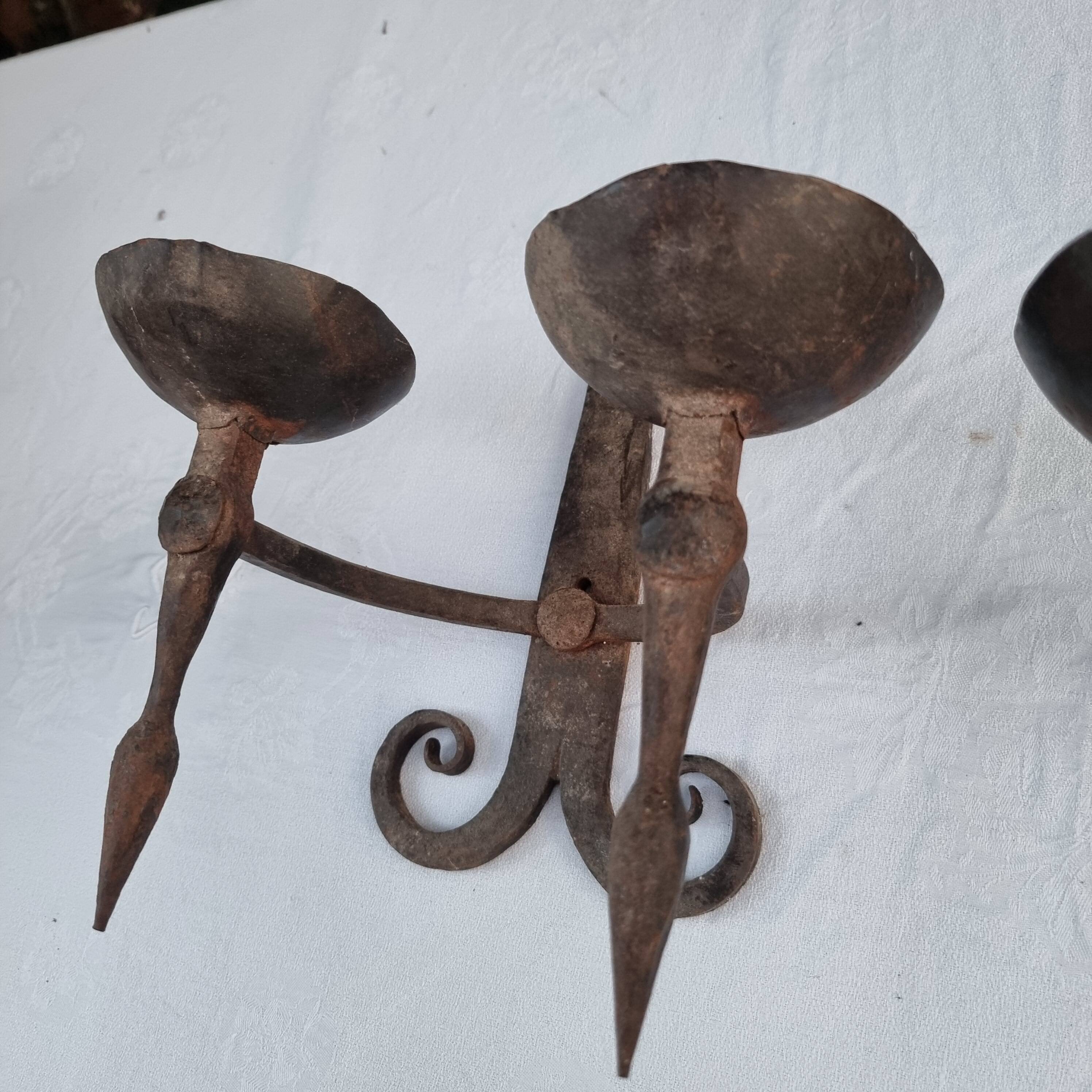 Pair of antique 15th century medieval castle wrought iron candlesticks