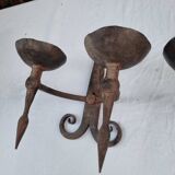 Pair of antique 15th century medieval castle wrought iron candlesticks