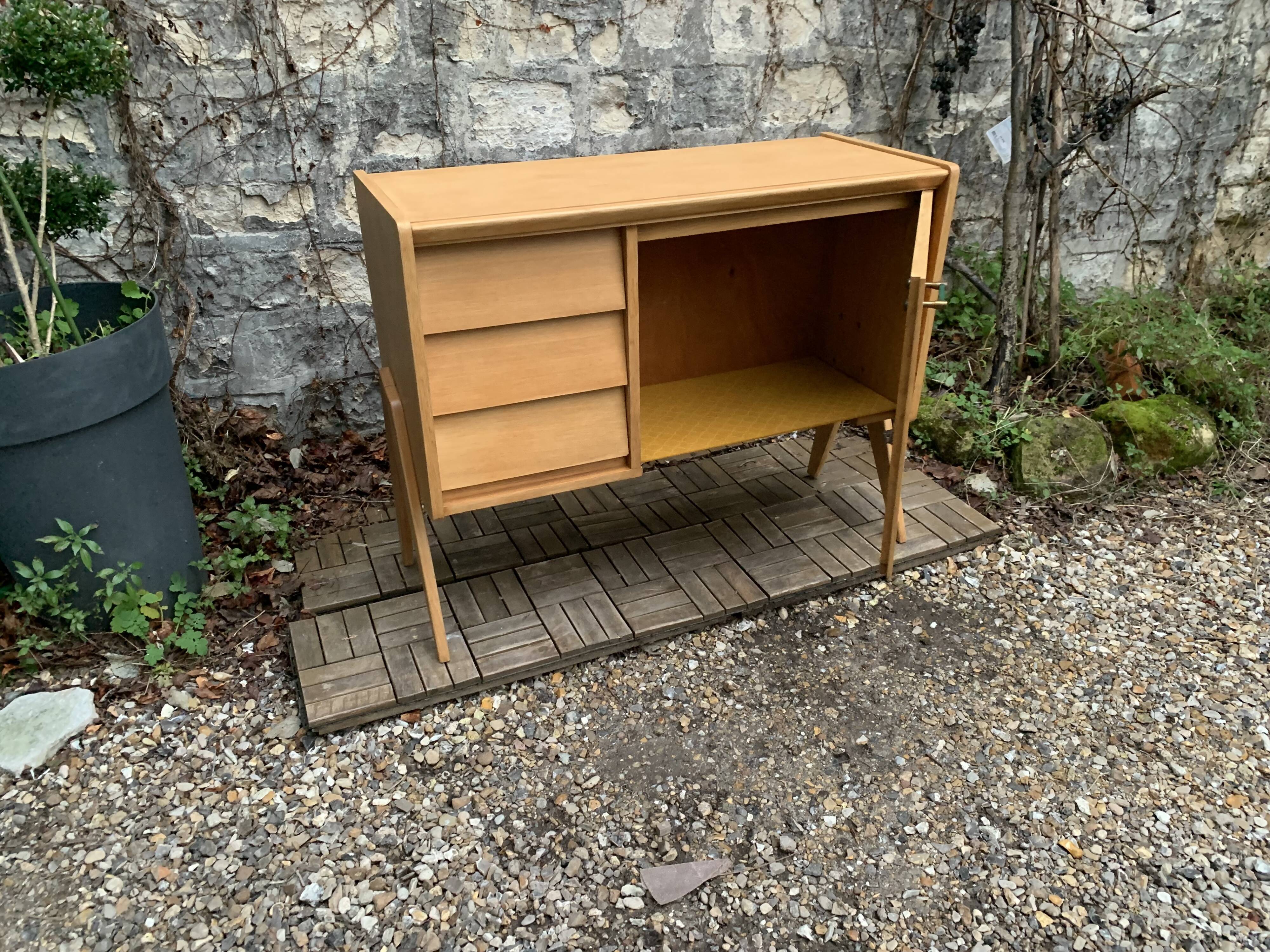 Vintage chest of drawers with compass legs, light oak, 1960s