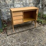 Buffet commode vintage pieds compas chêne clair 1960