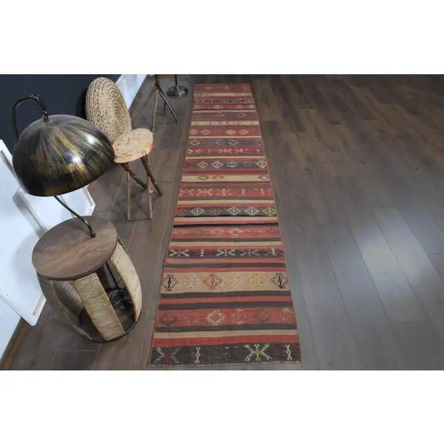 Turkish Kilim Vintage Handmade Wool Runner Rug Orange Gray Runner 66x334