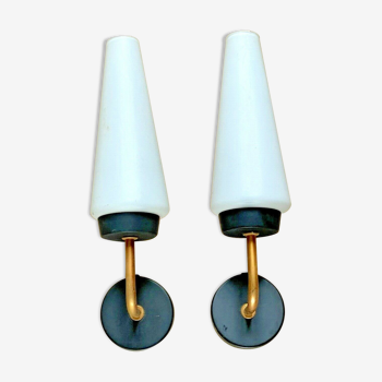 Pair of Matte Black Wall lamps & gold metal 50s