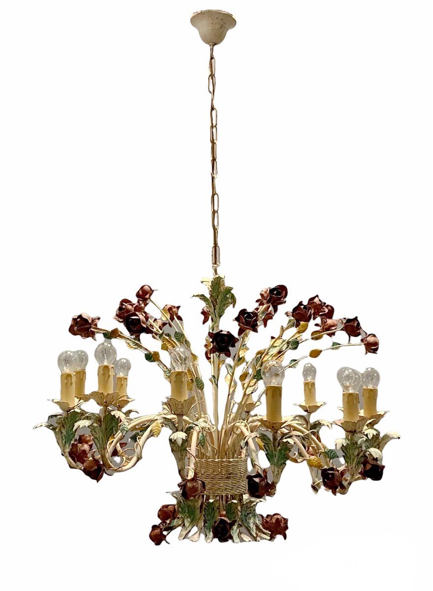 Large Vintage Italian Tole Flower Chandelier with 12 Lights