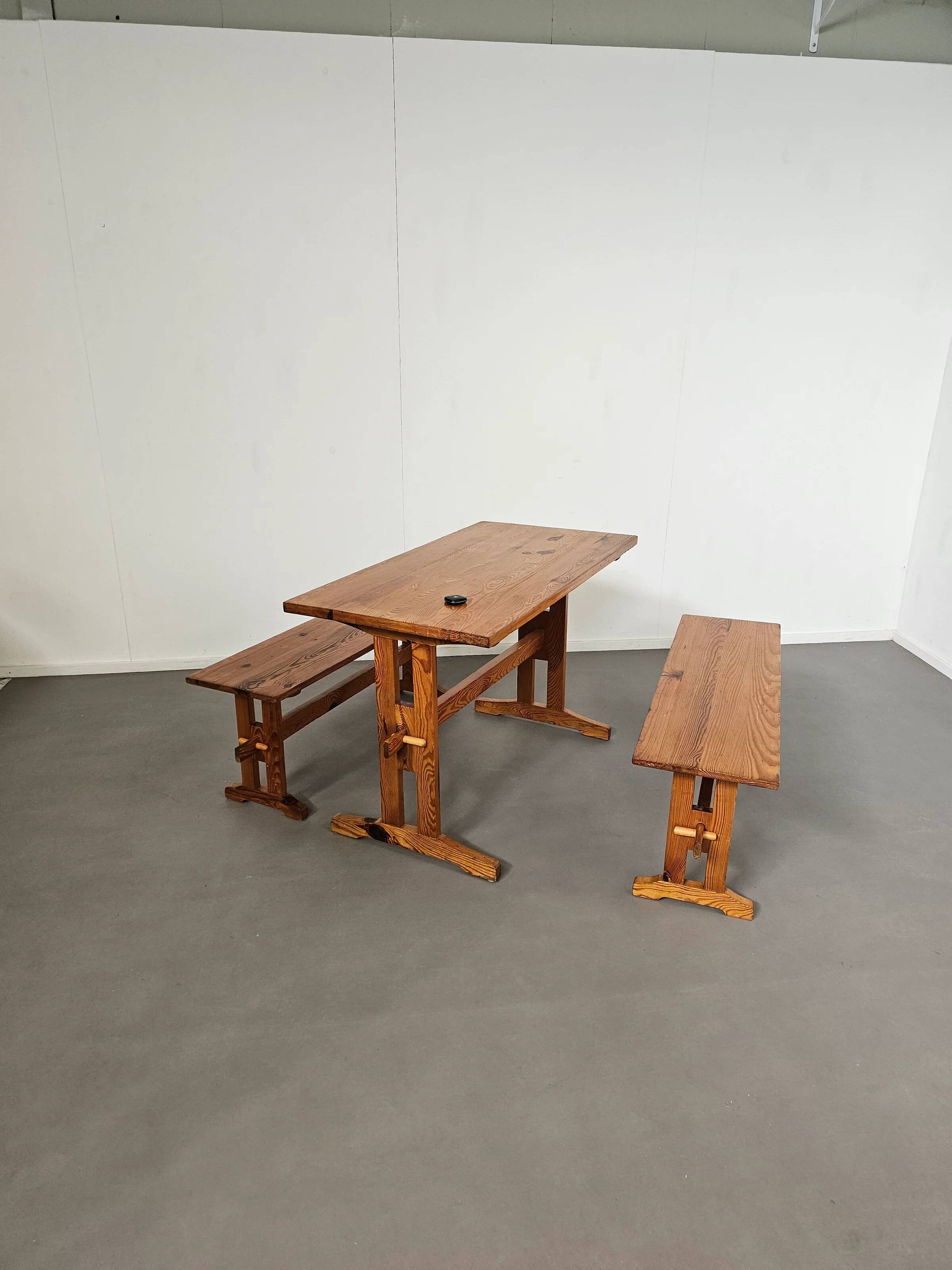 Scandinavian modern solid pinewood benches and dining table, 1970s