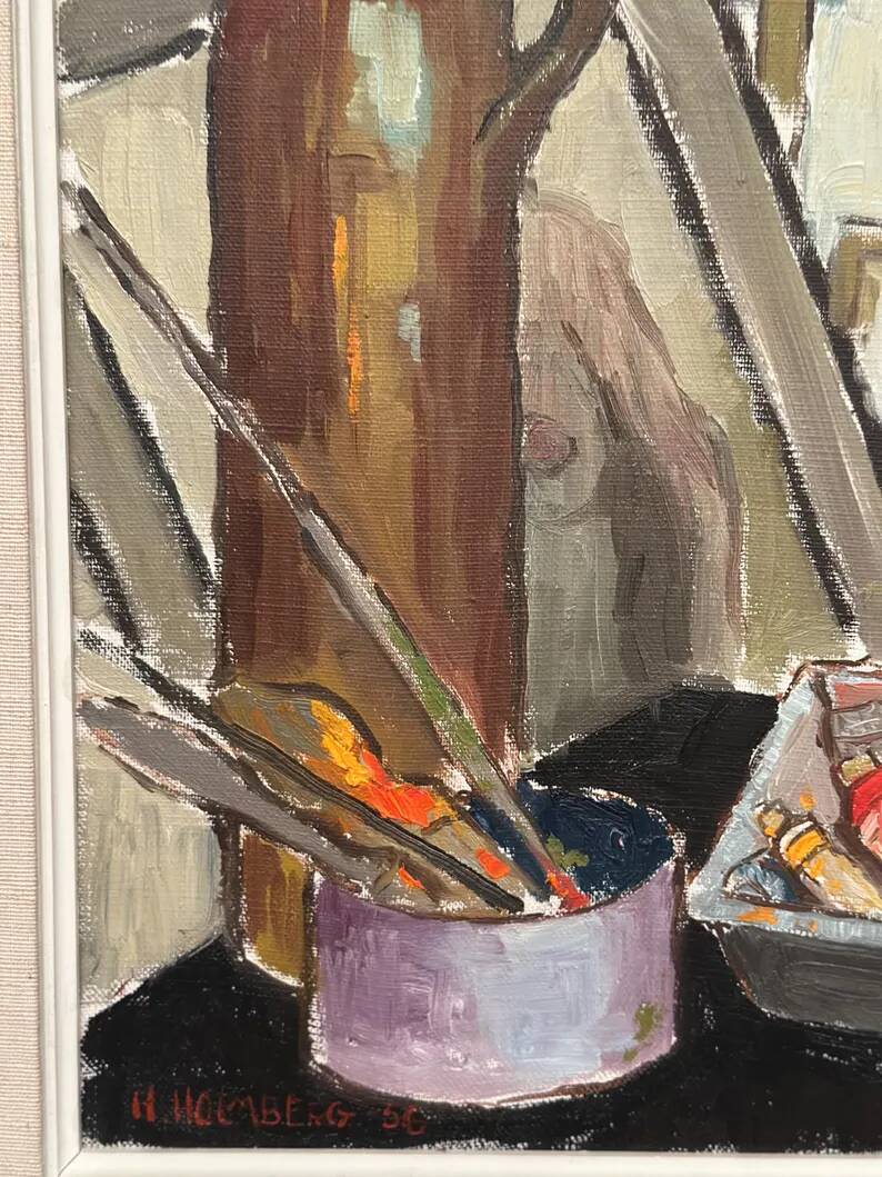 Original Swedish Oil on Canvas – “Still Life” by Harry Holmberg – Signed – Dated 1956 – Vintage & Framed – 47 × 34.5 cm (18.5" × 13.6")