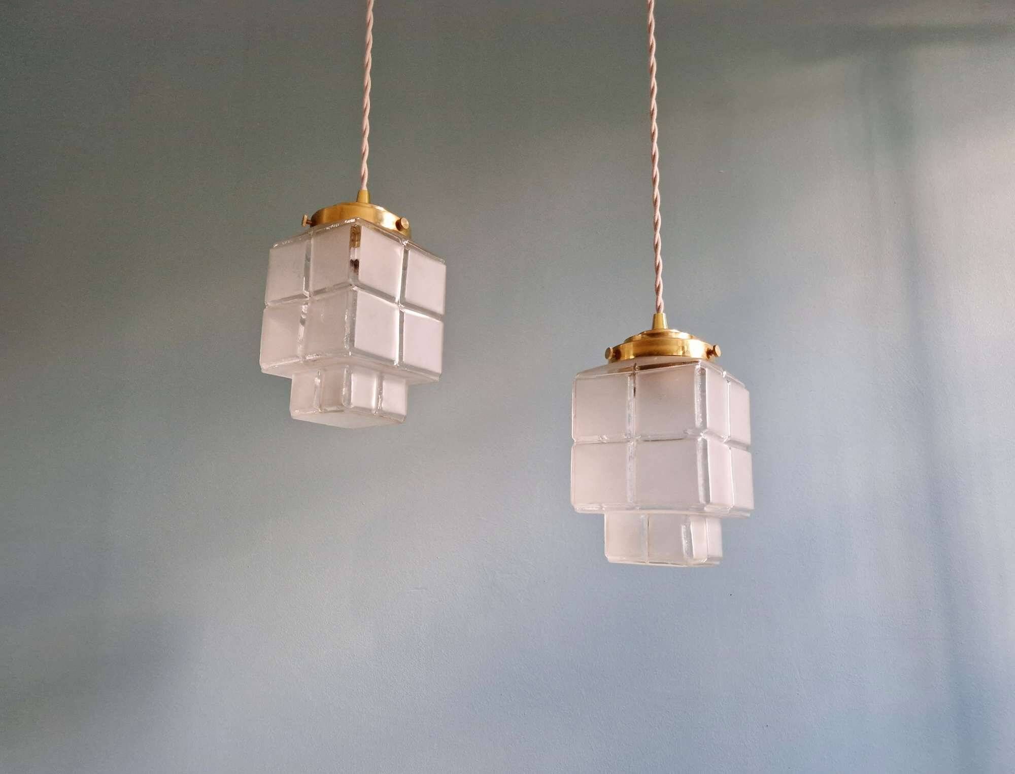 Pair of Art Deco Skyscraper satin glass pendant lights, 1930s