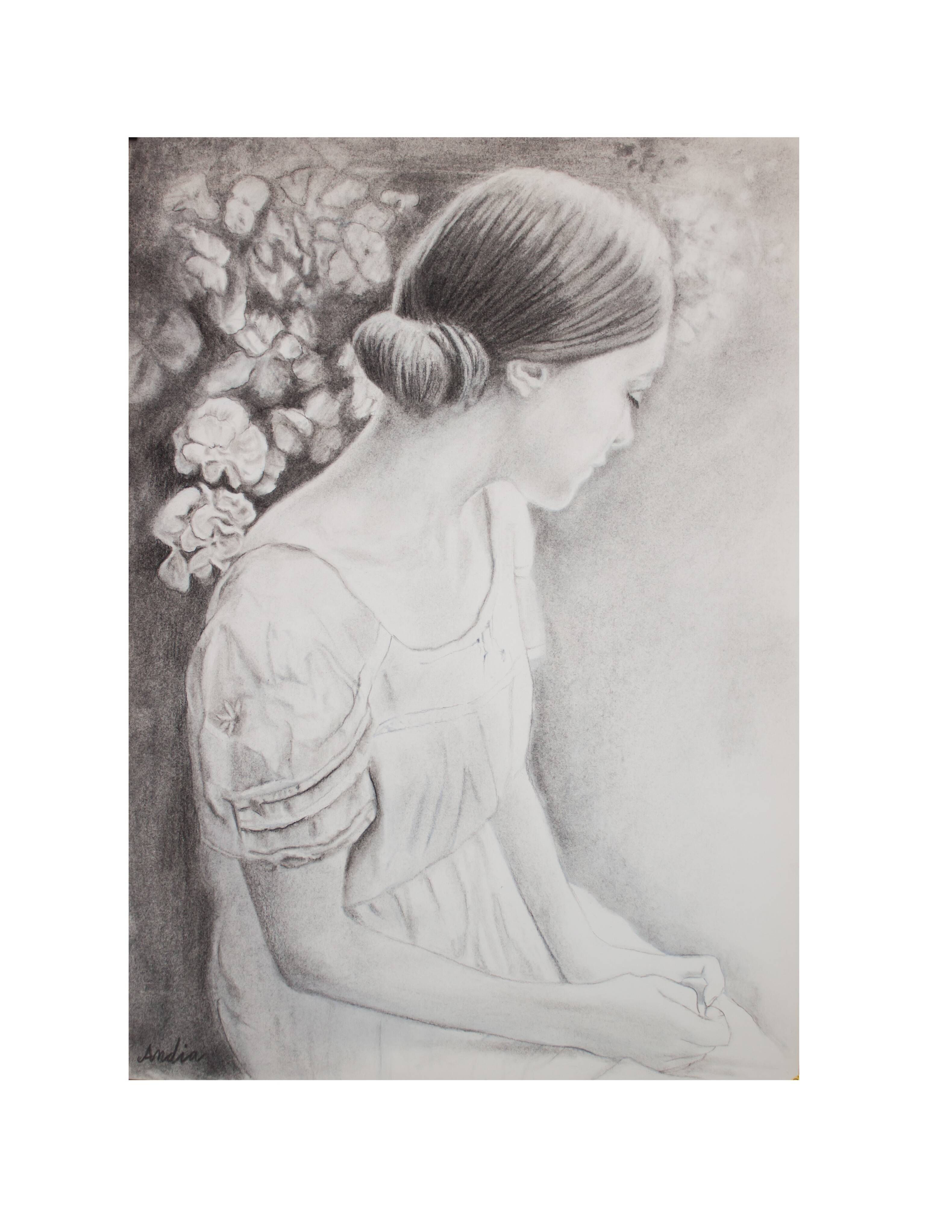Charcoal drawing representing a young woman. Carbon paint.