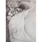 Charcoal drawing representing a young woman. Carbon paint.