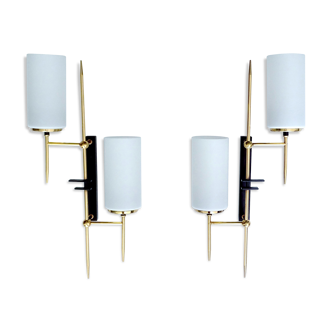 Pair of XXL vintage wall lamps, 60 years, glass and brass