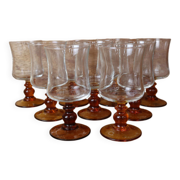 9 Luminarc "Antique" amber-stemmed red wine glasses