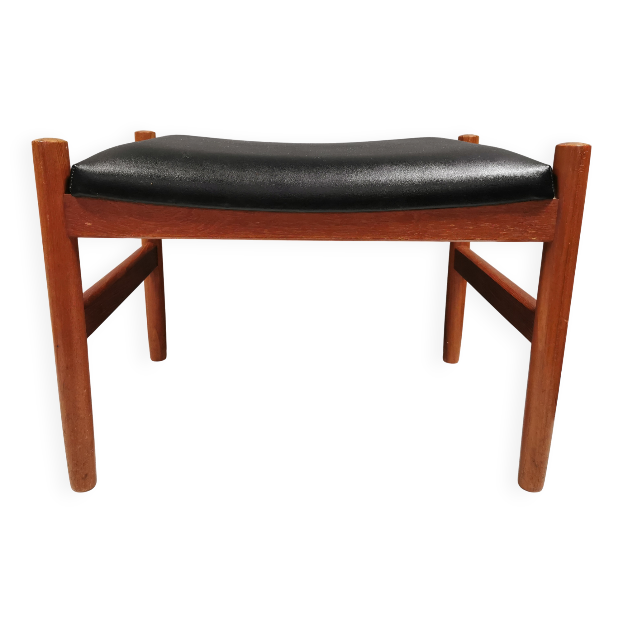 Danish Teak Footstool, Black Skai Leather, 1960s Spøttrup Design