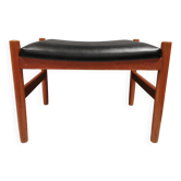Pouf en teck danois, cuir Skai noir, design Spøttrup des années 1960
