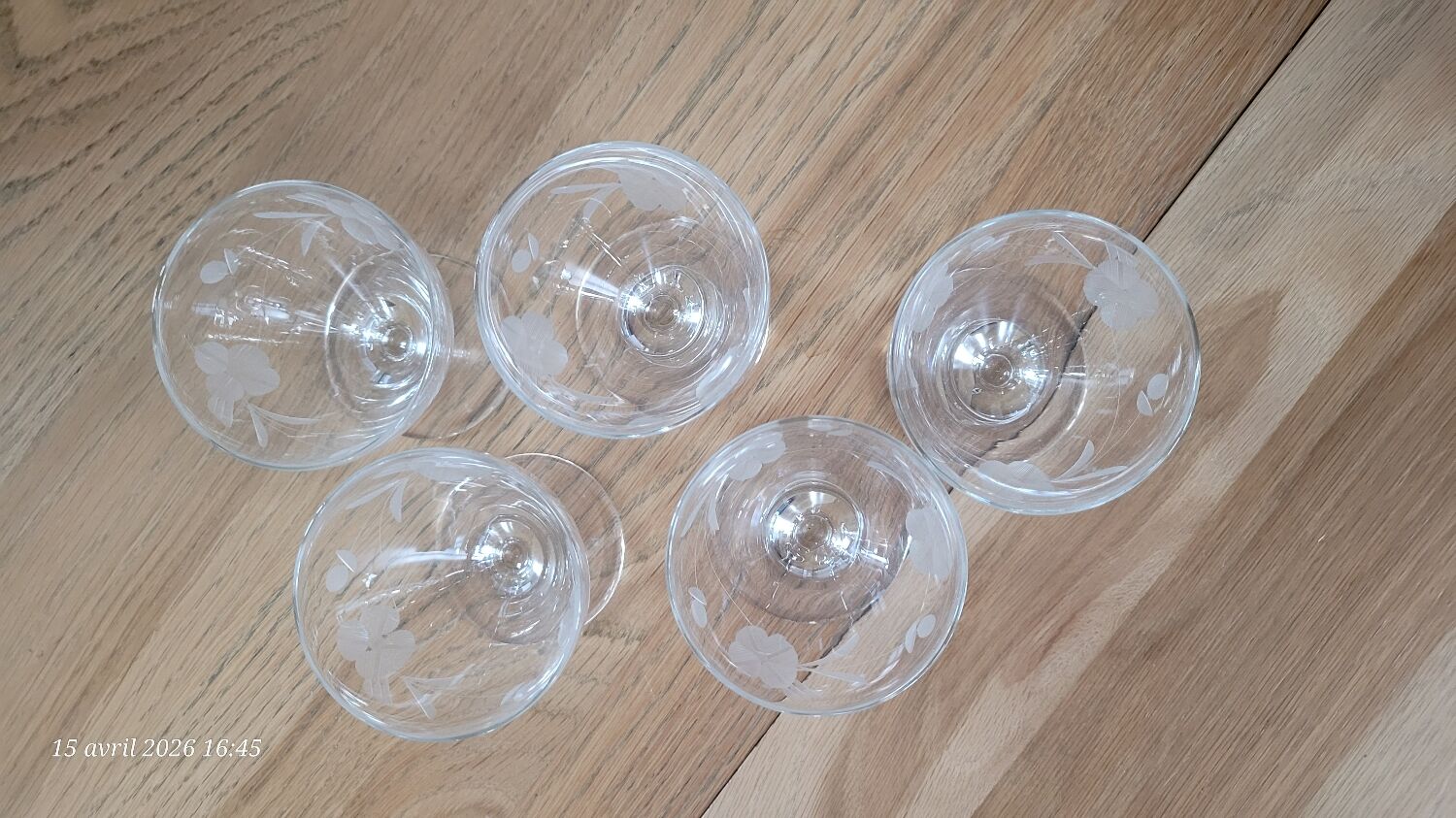 5 small vintage engraved glass cups