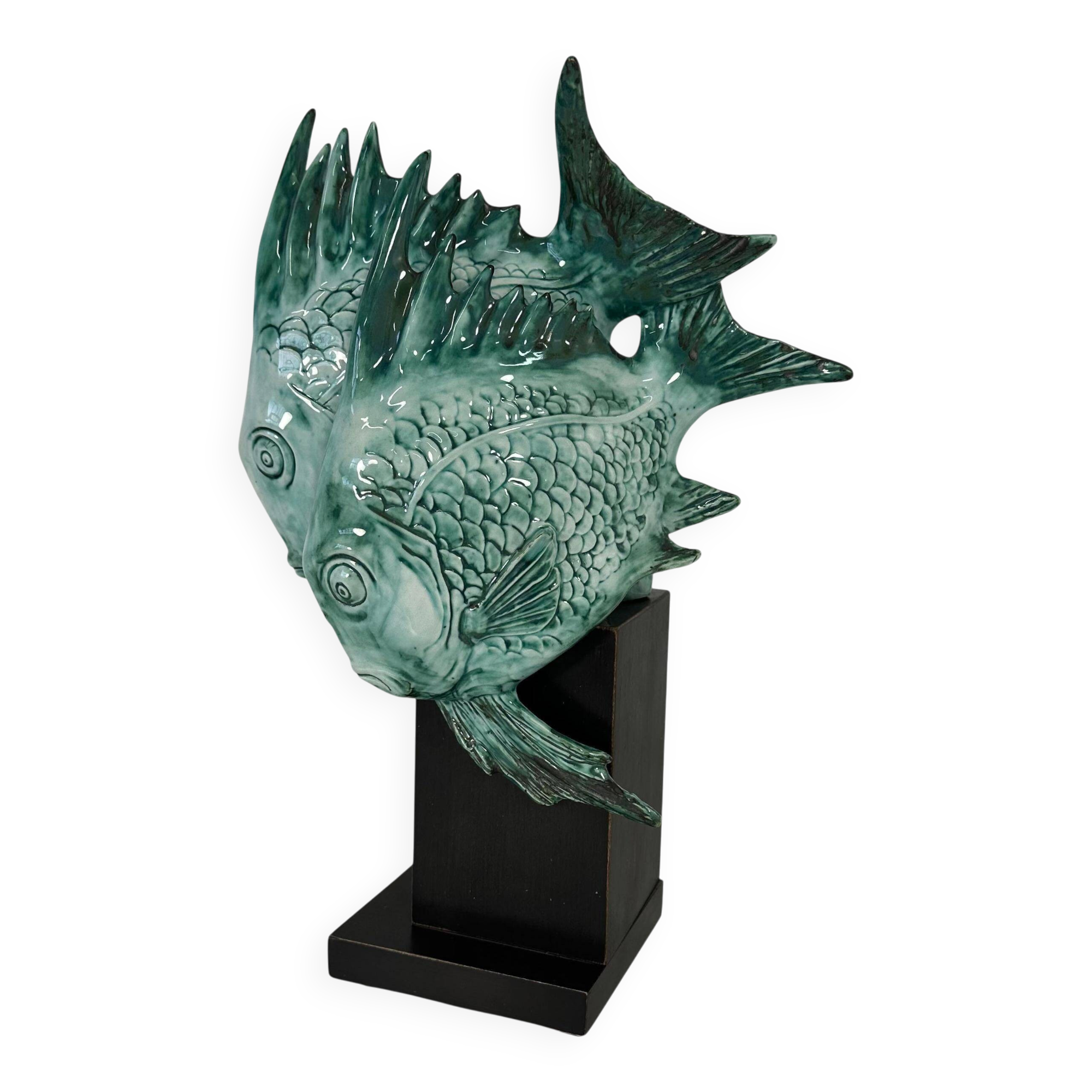 Light Blue Porcelain and Ebonized Wood Fish Sculpture by Guido Cacciapuoti Art Deco, 1930s