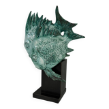 Light Blue Porcelain and Ebonized Wood Fish Sculpture by Guido Cacciapuoti Art Deco, 1930s