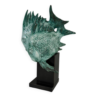 Light Blue Porcelain and Ebonized Wood Fish Sculpture by Guido Cacciapuoti Art Deco, 1930s