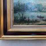 Animated landscape on the edge of a mountain lake, oil on canvas, painting from 19th century