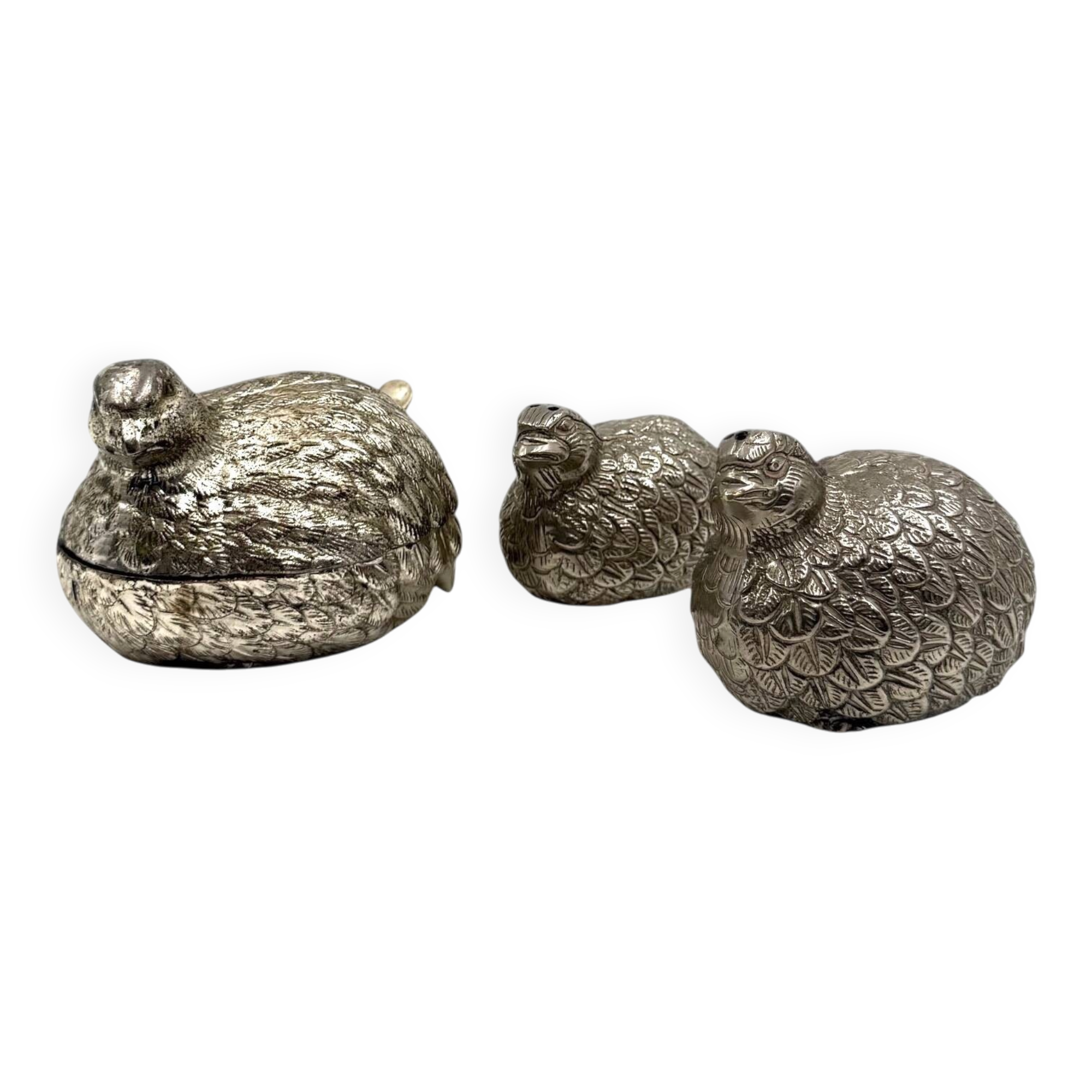 Hollywood regency silver-plate quails shaped salt and pepper, Gucci Italy,