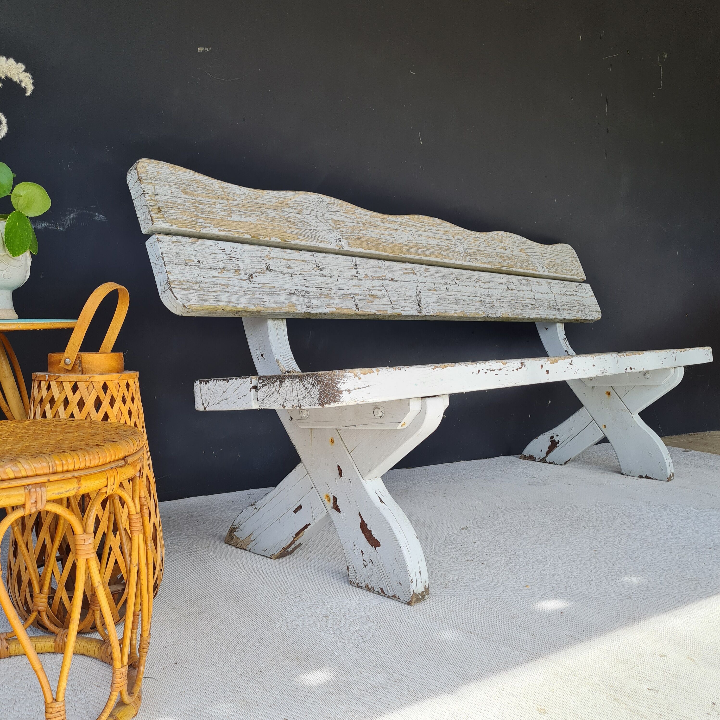Exterior bench in patinated white solid wood