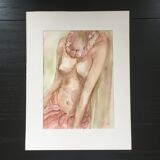 Female nude watercolor with necklace