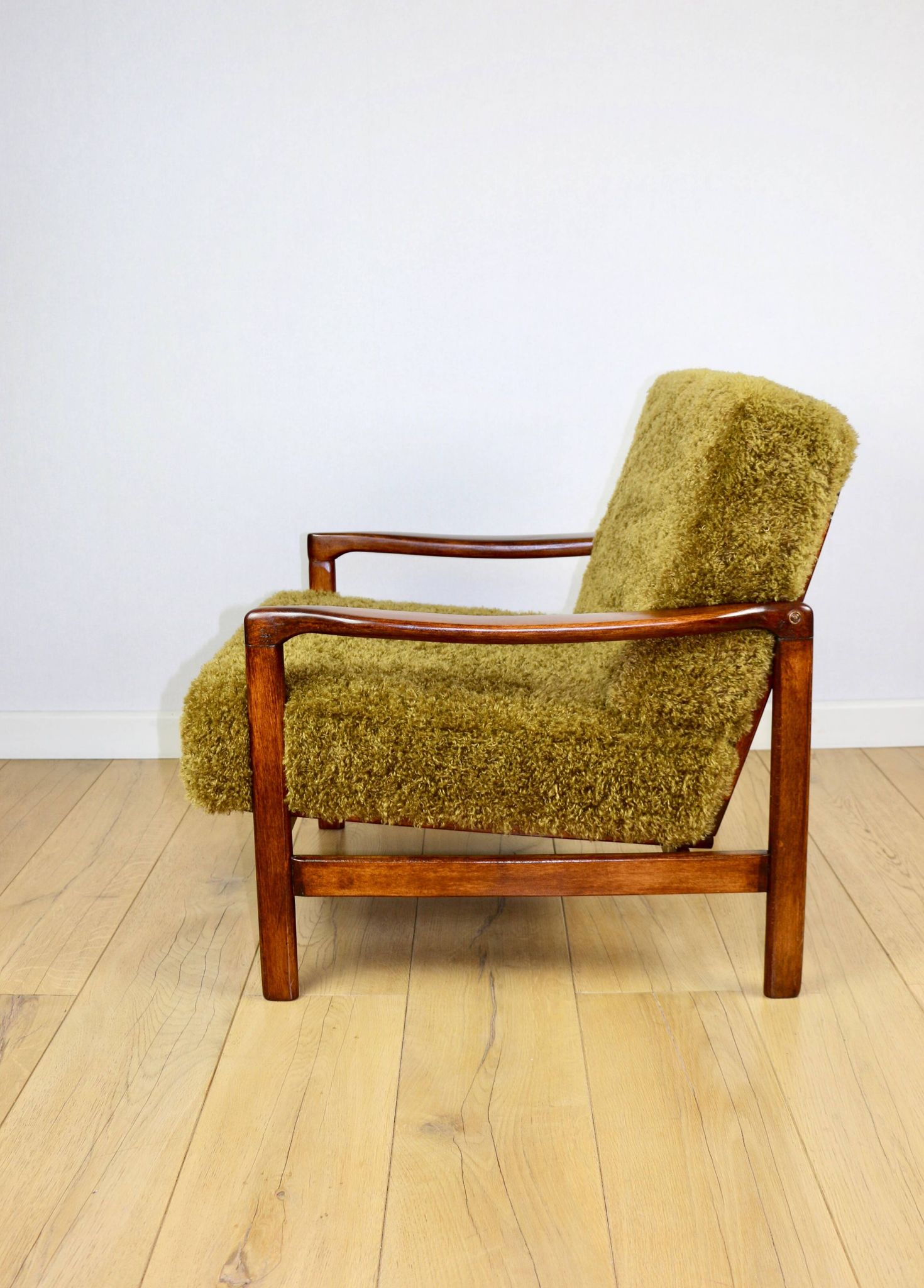 Wooden vintage brown armchair Khaki / Olive long hair Fox by Z. Bączyk - 2 pieces available