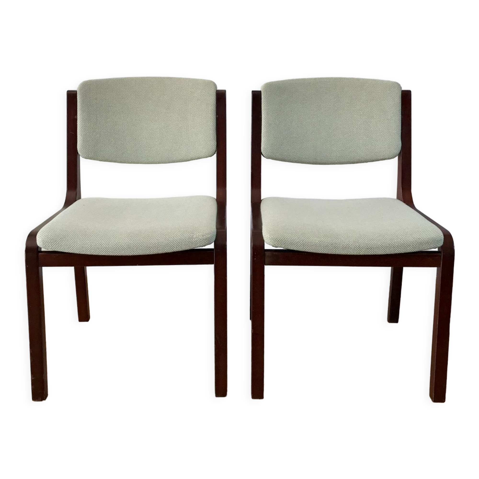 Pair of wooden armchairs and green and ecru fabrics 70s