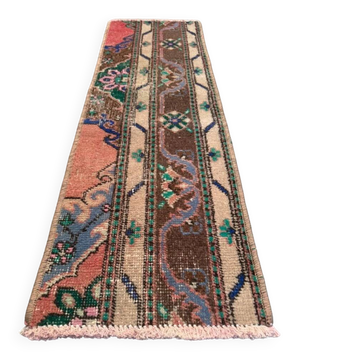Small vintage Turkish rug 37x110 cm, short runner, shabby, mini carpet 2555