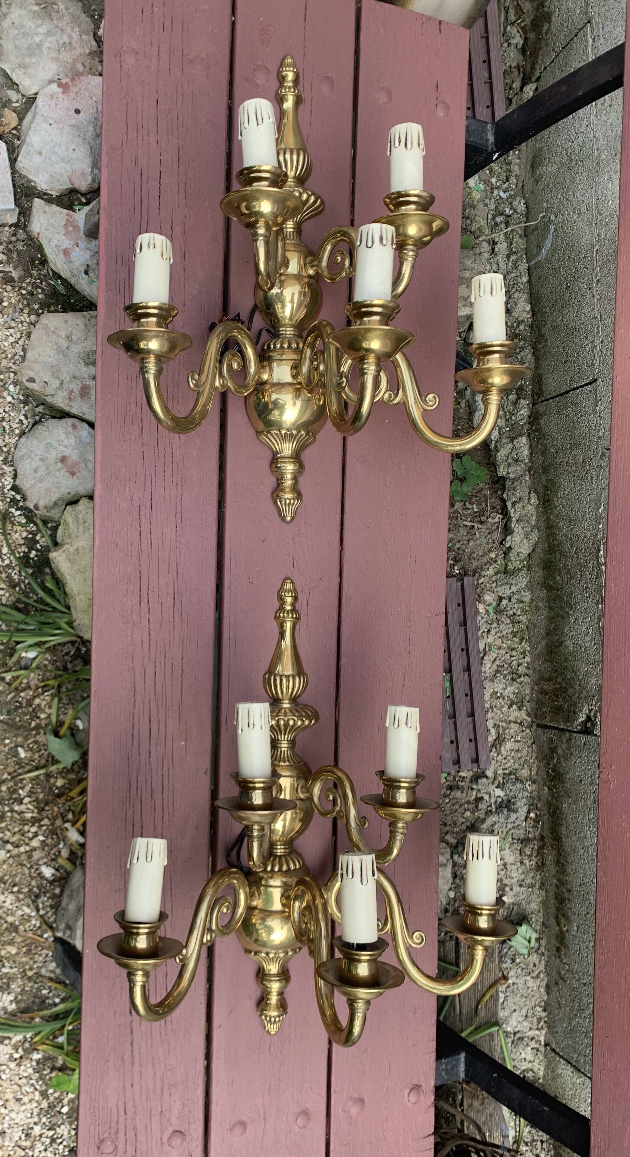 Large Pair of Dutch Style 5-Branch Wall Lights in Brass, Gilded Bronze, 19th Century
